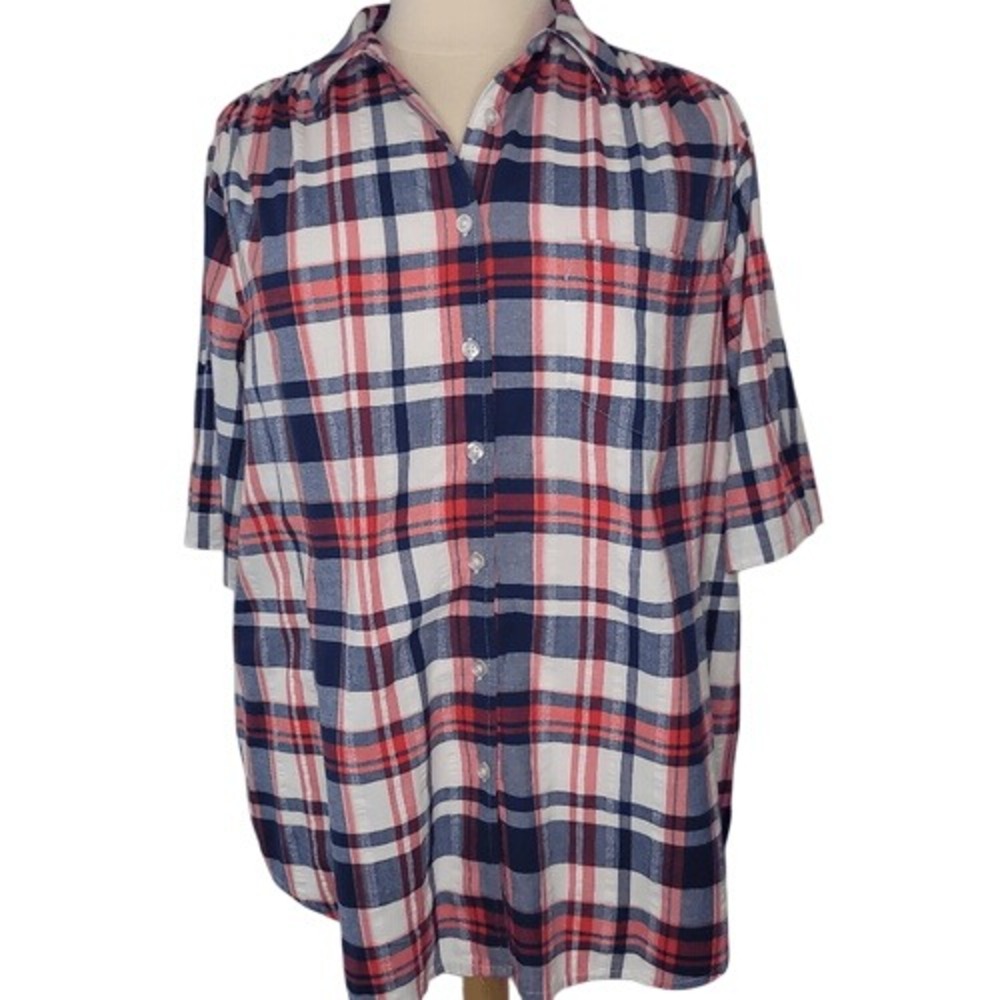 Woman Within Red, White  & Blue Plaid Button Down‎ Short Sleeve Top